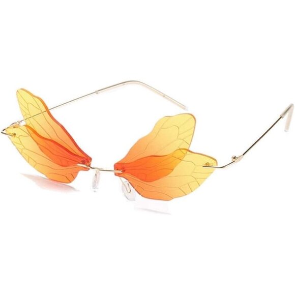 ?Women Orange Dragonfly Wing Shape Frameless Irregular Shades Party Sun Glasses main image 4